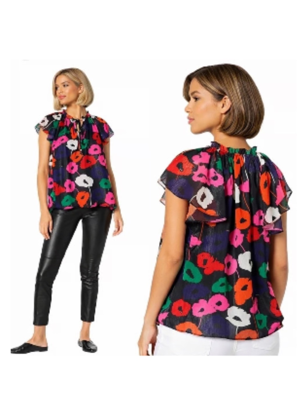 MILLY Poppy Floral Sheer Tie Neck Top Blouse Short Sleeve Multicolor Sz P (0-2)